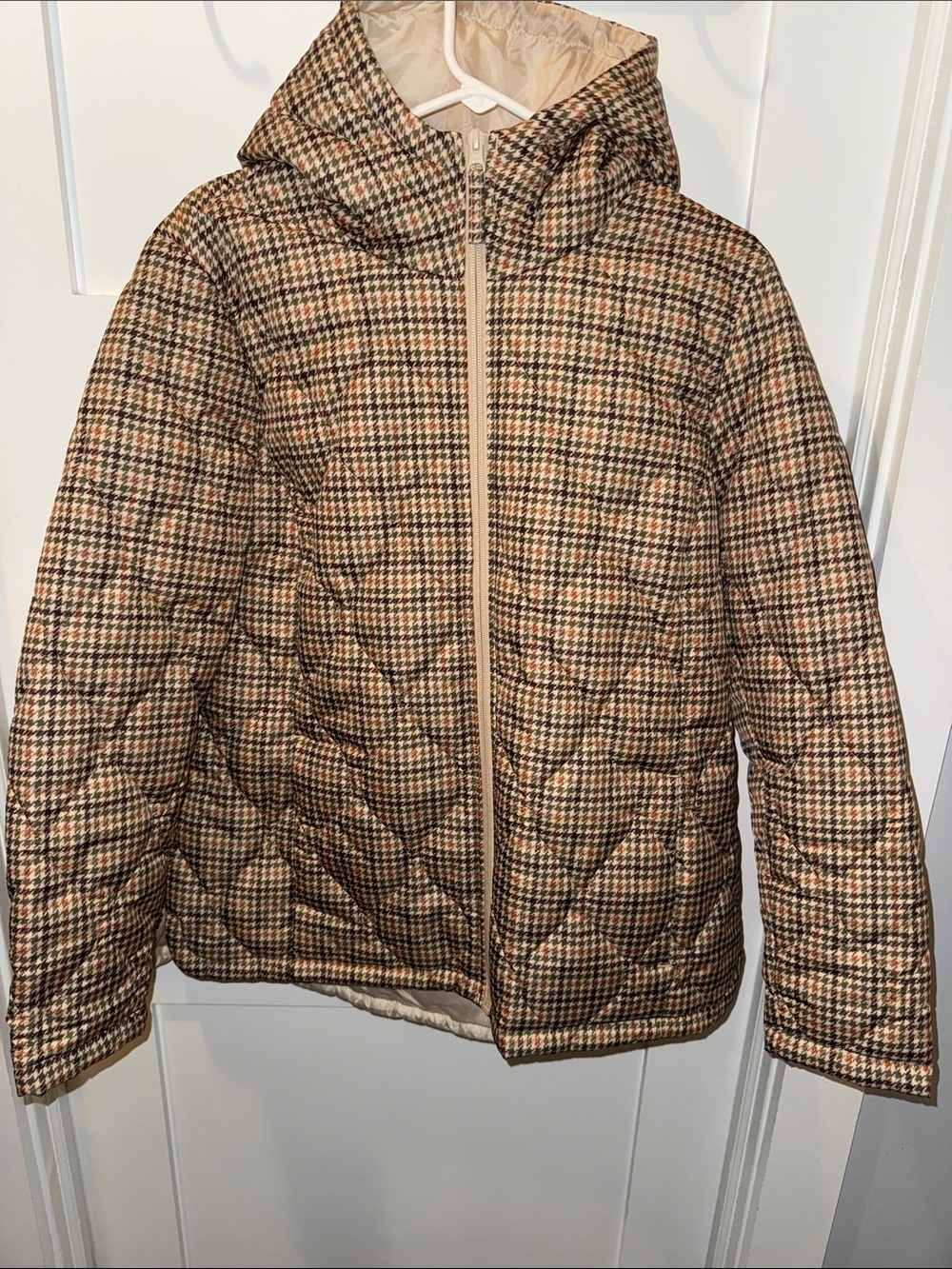 Lands End Women’s Print Feather Free Hooded Jacket Champagne/rich coffee plaid L